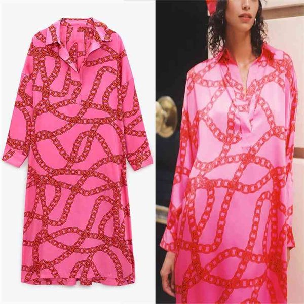 

red chain print long shirt dress women sleeve loose satin party dresses woman soft vintage plus size vestidos 210524, Black;gray