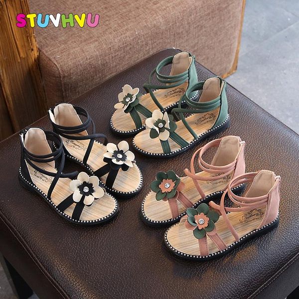 

girls flower sandals 2021 summer children roman shoes non-slip leather kids flats princess for, Black;red