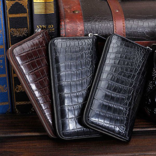 

real crocodile belly men's long wallet leather zipper handbag e2013, Black