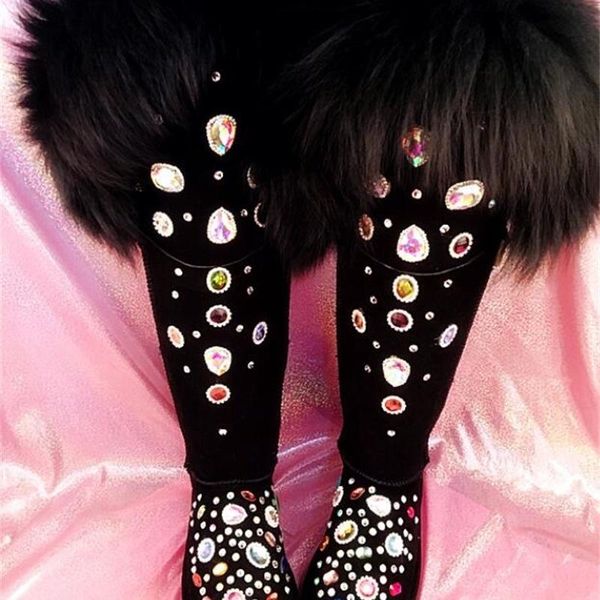 

boots 2021 winter handmade big gemstone sequins thickened bottom leather snow women, Black