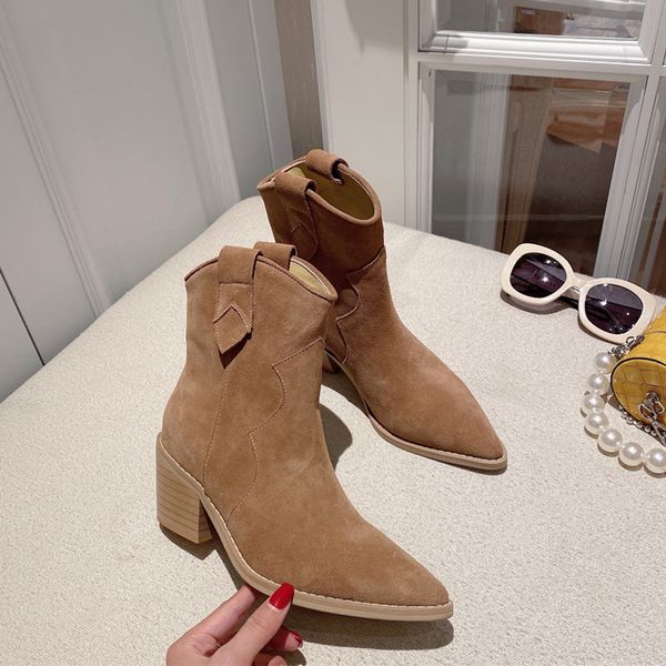 

pointed toe square heels short retro ankle boots imported beef tendon high mercerized fashion boots designer, Black