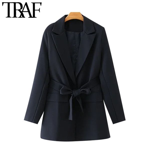 

women fashion with belt single button blazers coat vintage long sleeve pockets female outerwear chic 210507, White;black