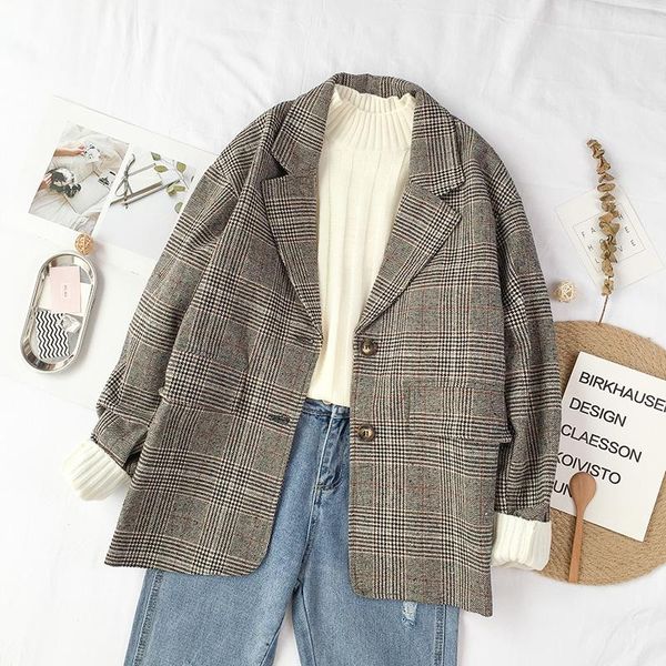 

autumn korean vintage plaid blazers women fashion art style loose notched two buttons blazer female all match casual clothing women's s, White;black