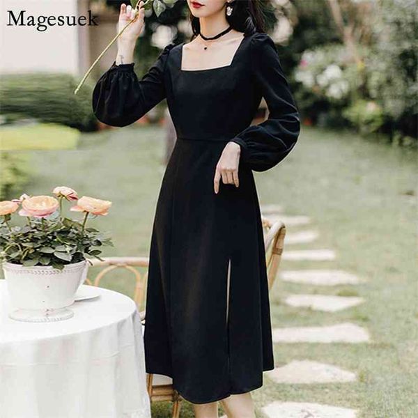 

vintage chiffon dress women long sleeve black summer square collar split party ladies es vestidos 13234 210512, Black;gray
