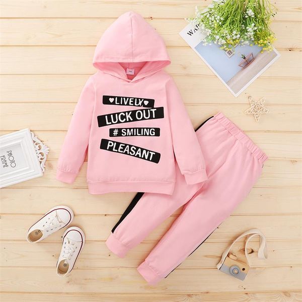 

clothing sets 1-6 years old baby girls autumn clothes set toddlers kid letter print long sleeve hooded + solid color trousers, White