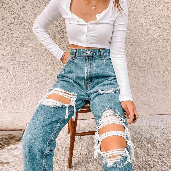 

chic hole ripped jeans women pant high waist fitting distressed wild trendy destroyed straight leg pants trousers, Black;white