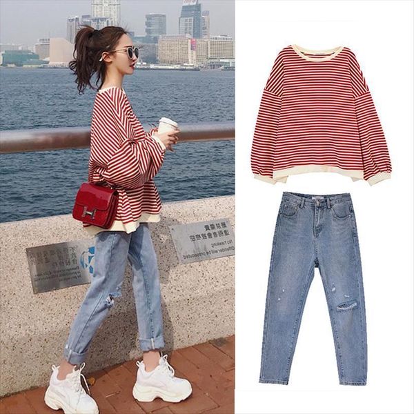 

s 4xl oversize denim women tracksuits plus size two piece suit autumn suits long sleeve stripe t shirt elegance jeans, Gray