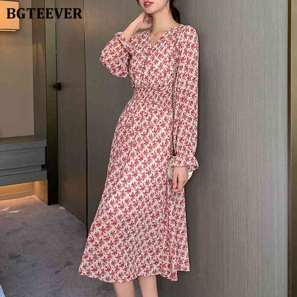 

dresses autumn vintage floral midi women v-neck full sleeve elastic waist female a-line dress chiffon vestidos gqaq, Black;gray
