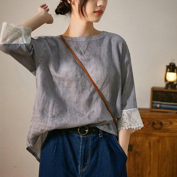 

women's blouses & shirts spring summer women loose plus size vintage artisitc striped natural fabric comfortable thin lightweight linen, White