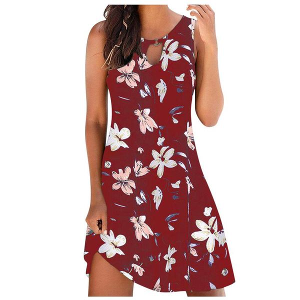 

casual dresses women beach floral round neck sundress sleeveless loose tank dress elegant plus size hollow out streewear, Black;gray