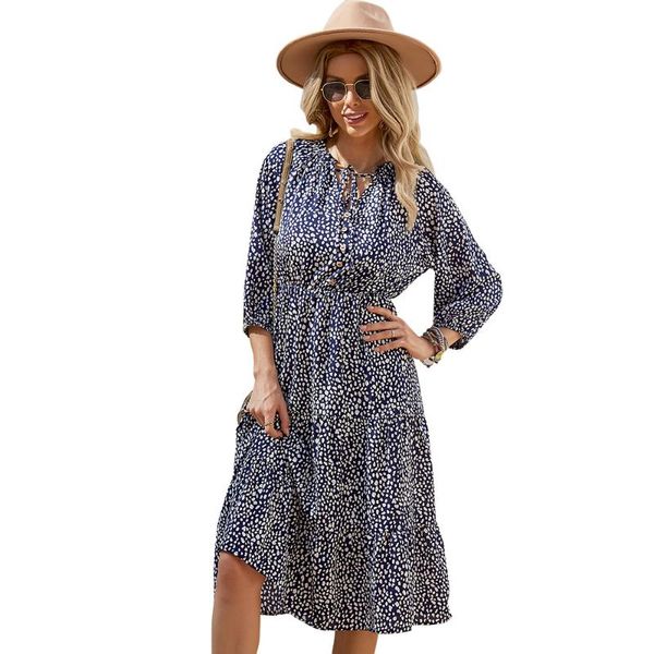 

casual dresses donsignet fashion women's dress autumn leisure v-neck hedging printed button waist slimming long-sleeved, Black;gray