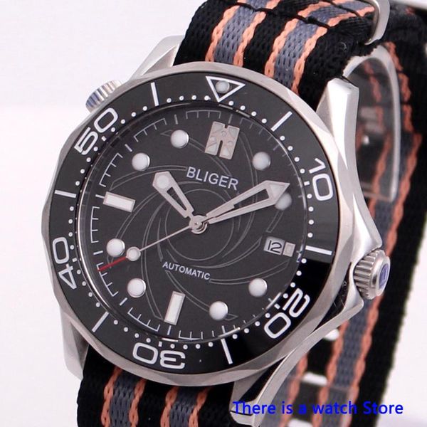 

wristwatches 41mm black dial automatic mechanical men watch sapphire crystal luminous nylon strap date function wristwatch, Slivery;brown