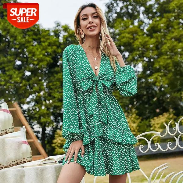

2021 spring new print dress women casual full sleeve v neck bow ruffles polka dot dress for woman summer short #ze5h, White;black
