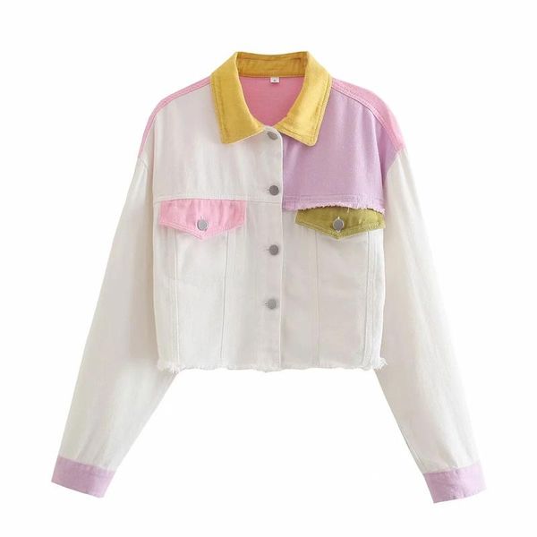 

women's jackets autumn denim jacket women long sleeve jean short style multicolor patchwork outwear fashion, Black;brown