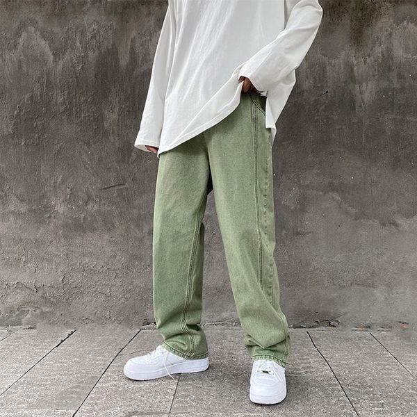 

men's jeans autumn spring mens purple green solid color loose baggy straight casual wide leg pants streetwear hip hop denim trousers, Blue