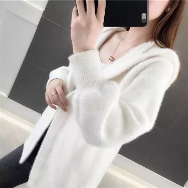 

women's knits & tees female 2021 autumn and winter imitation of vison cardigan long jacket with casual hoof knife sweater, White