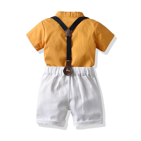 

boys summer suit stand collar yellow shirt bow adjustable strap shorts, Blue