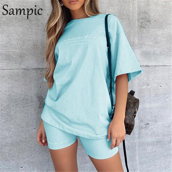 

sampic summer fashion o neck black women sets loose short sleeve shirt and bodycon shorts bottom suit two piece set outfits dress, White
