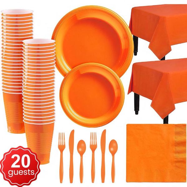 

disposable dinnerware 20 people pure orange party tableware set plastic plates cups napkins birthday wedding decoration supplies