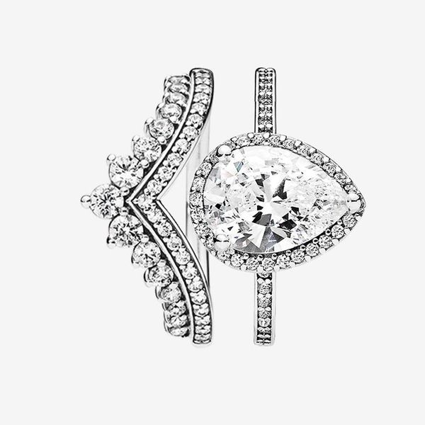 

925 sterling silver teardrop ring cz diamond fits pandora original box wedding rings set ladies engagement jewelry, Slivery;golden