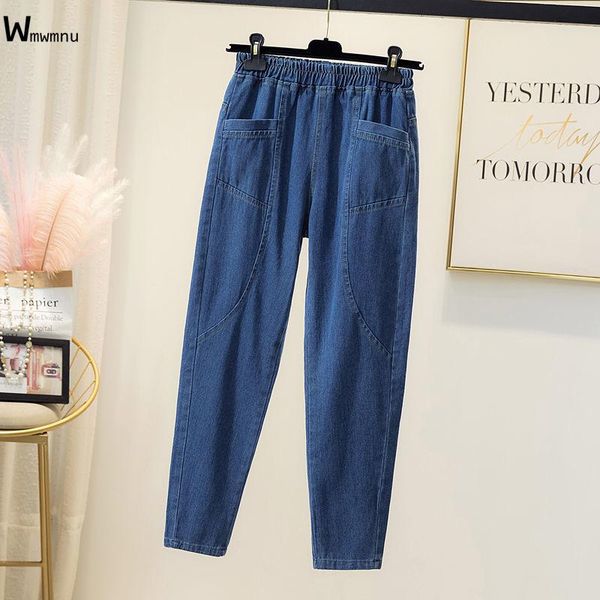 

women's jeans casual plus size 4xl elastic high waist denim pants women vintage baggy ankle-length fashion patchwork mom's harem, Blue