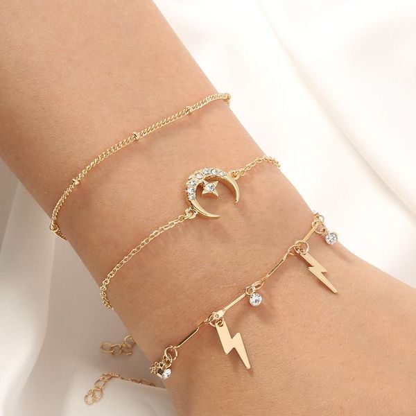 

link, chain selling high fashion style simple design star moon zircon metal plated bracelets sets for women, Black