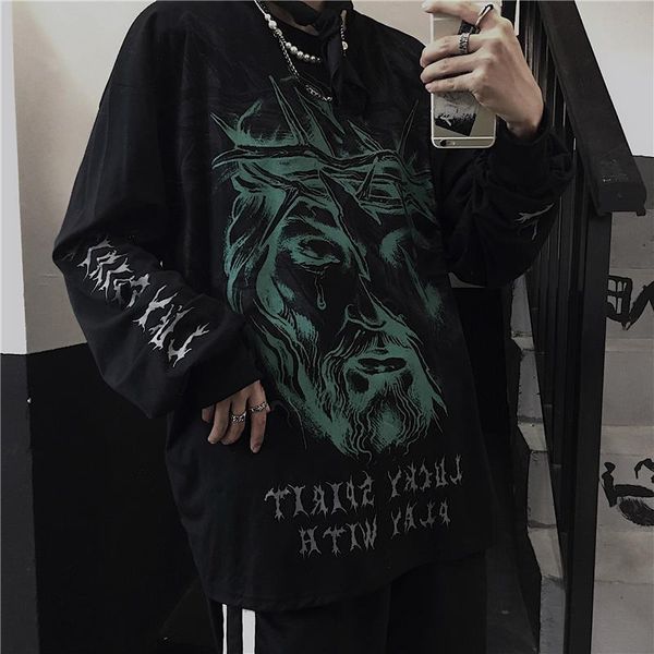 

men's tracksuits harajuku fenggao street dark department portrait printed long sleeve t-shirt fashion loose top, Gray