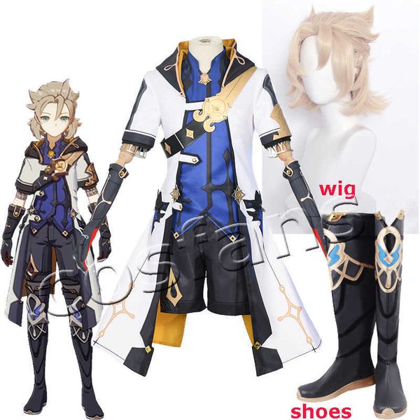 Game Genshin Impact Alquimista Albedo Cosplay Costume Men Uniformes Fancos Calças Top Coat Roupfits Albedo Cosplay Wig 35cm Y0903