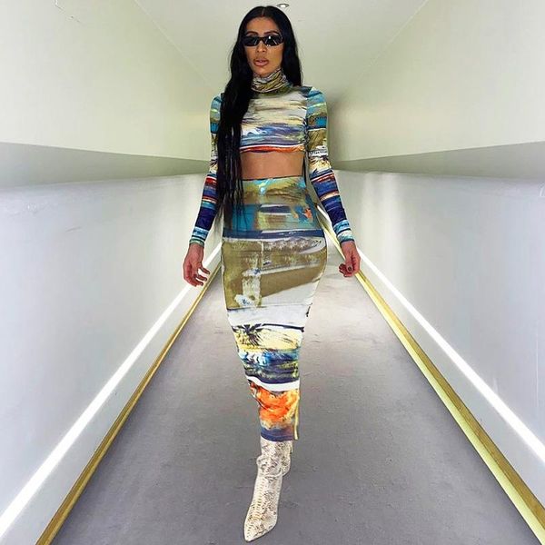 

skirts european fashion stand-up collar street hipster print tight-fitting cropped and hip skirt two-piece suit 2021, Black