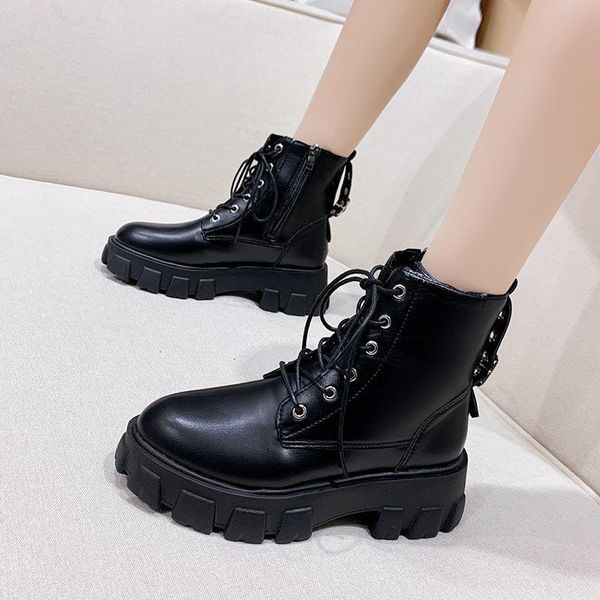 

boots autumn women motorcycle ankle shoes pu leather fashion comfortable mid-heels botas, Black