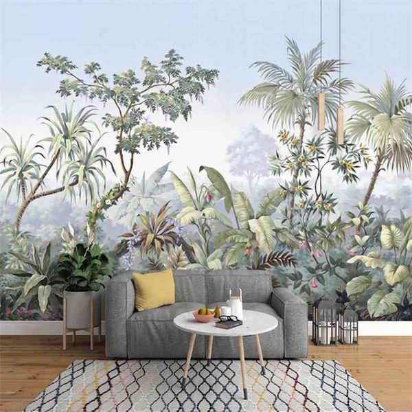 Carta da parati Po personalizzata Retro dipinta a mano Foresta pluviale tropicale Banana Albero di cocco Murale Sala da pranzo Soggiorno Camera da letto Wall Art 210722