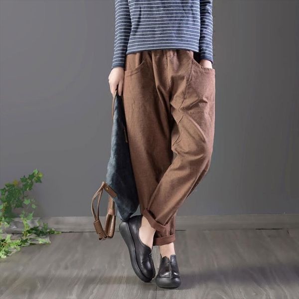 

spring autumn plus size women pant elastic waist solid cotton linen harem loose all matched casual trousers femme d154, Black;white