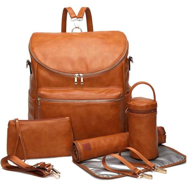 

leather baby travel nappy diaper bag backpack +changing pad+stroller straps+insulation bag+cosmetic bags