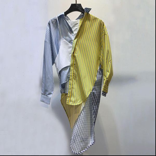 

[ewq] korea loose patchwork lapel women shirt collar long sleeve hit color striped blouse female fashion clothes qv524, White