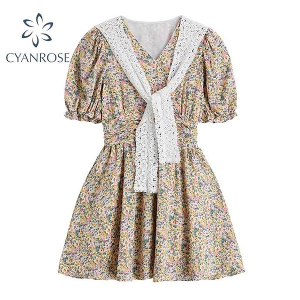 

korean prairie chic women dress summer streetwear v neck puff short sleeve elastic high waist praped femlae mini dresses 210515, Black;gray