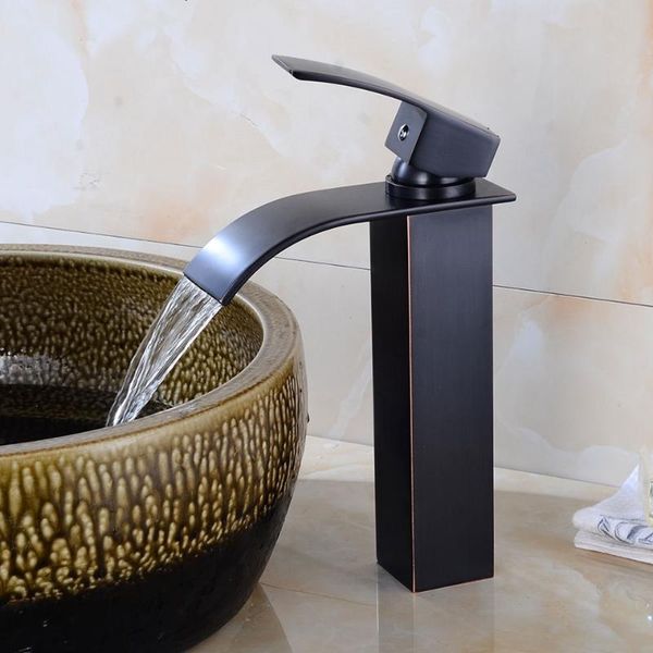 

basin faucet black oil brass bathroom mixer deck mounted waterfall lavatory sink cold water taps faucets
