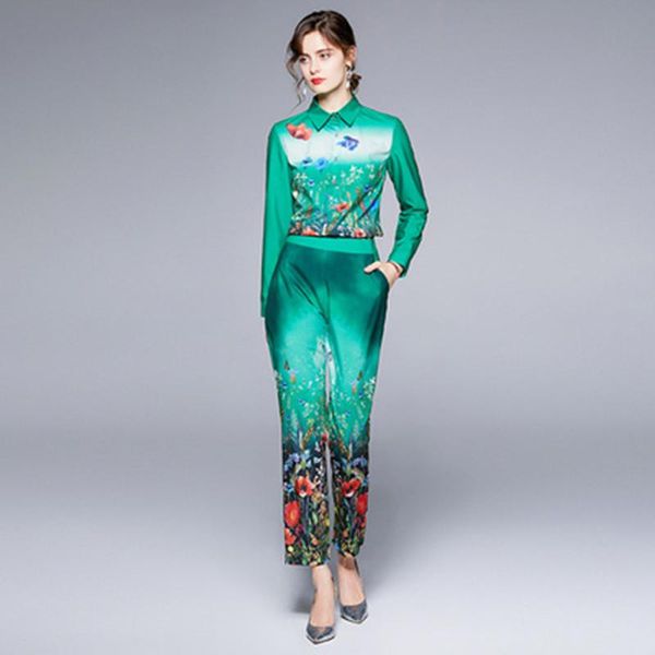 

women's two piece pants 2021 summer runway long suit women flower print full sleeve blouse shirt + fashion pencil 2 set, White