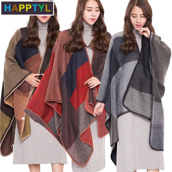 

scarves happtyl 1pcs european autumn winter thick grid shawl with cloak women girl warm scarf, Blue;gray