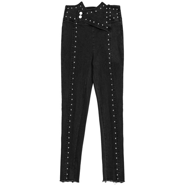 

jean high waist strech pearl brim beads women pencils denim capris thin pants rebite streetwear boyfriend black office, Blue