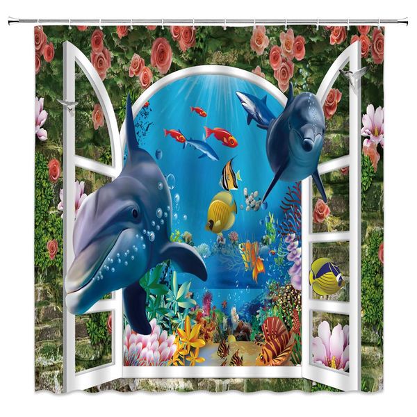 

underwater world shower curtain 3d effect rose flower wall window underwater creature dolphins swimming in the sea,70x70 inch