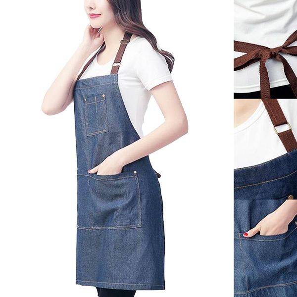 

aprons fashion denim apron for chef kitchen bbq with pockets grill baking cooking men coffee shop and studio overalls