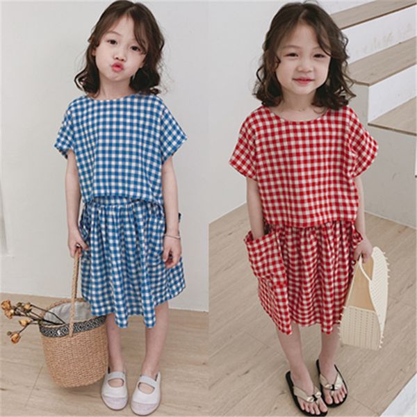 

kids summer clothes set for children 2 pieces tracksuit short sleeve tshirt +plaid skirt baby girl outfits droshipping, White