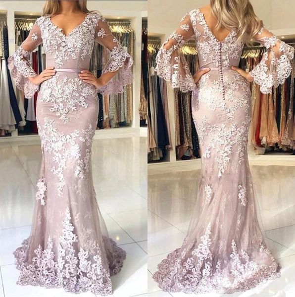 

party dresses pretty design long sleeves v-neck prom gown tulle lace appliques beaded mermaid sweep train evening dress, White;black