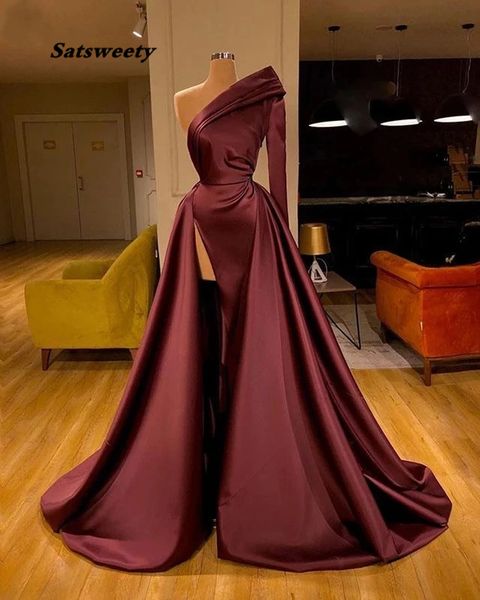 

2023 new burgundy prom dresses long sleeve evening dress mermaid high slit satin one shoulder robe de soiree formal party gowns, Black;red