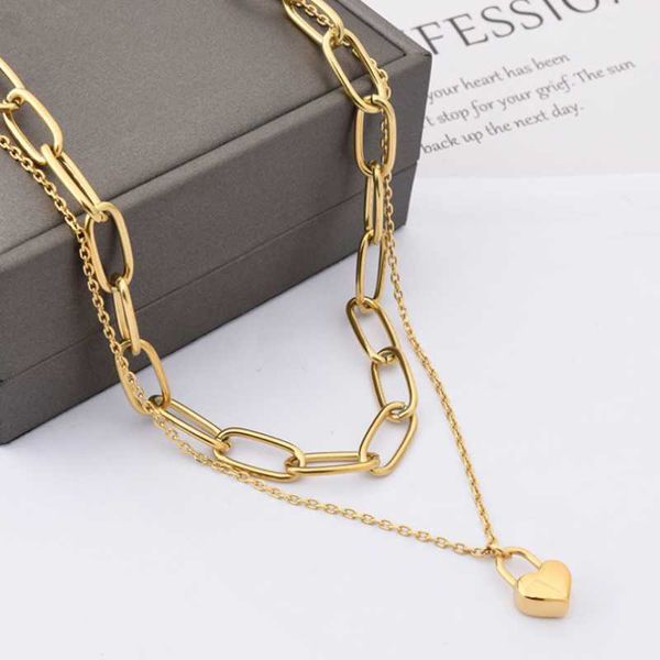 

chains 316l stainless steel heart lock pendant geometry double layer charm thick chain choker necklace for women fashion fine jewelry, Silver