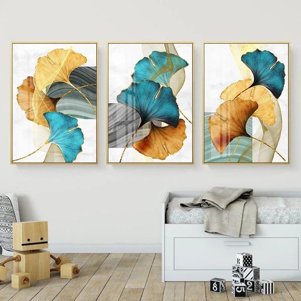

paintings nordic plant canvas print wall art blue yellow gold ginkgo leaf abstract posters modern picture living room decoration