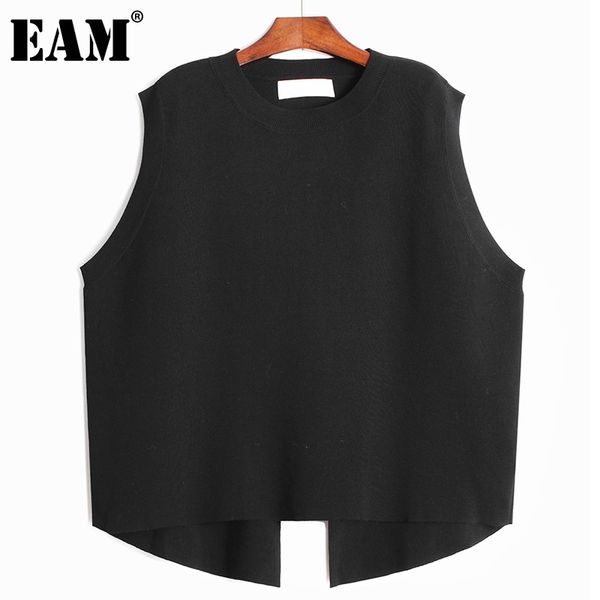 

[eam] women black big size casual loose slit button knitting vest round neck sleeveless fashion spring autumn 1dd8224 21512, Black;white