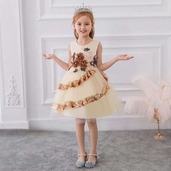 

girl's dresses children's dress princess three-dimensional decal nail beaded irregular sequin girl, Red;yellow
