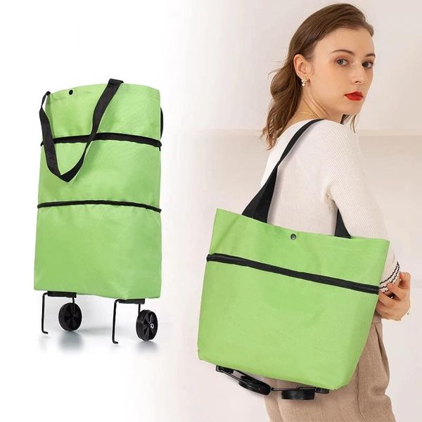 

folding shopping pull cart trolley bag with wheels foldable bags reusable grocery organizer vegetables storage
