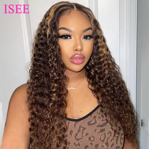 

lace wigs mongolian water wave ombre closure 4/27 highlight pre plucked with baby hair 4x4 human wig, Black;brown